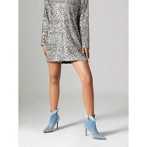 1877 Mofirdast Rhinestone Denim Stiletto Heel Ankle Pointed Toe Side Zipper